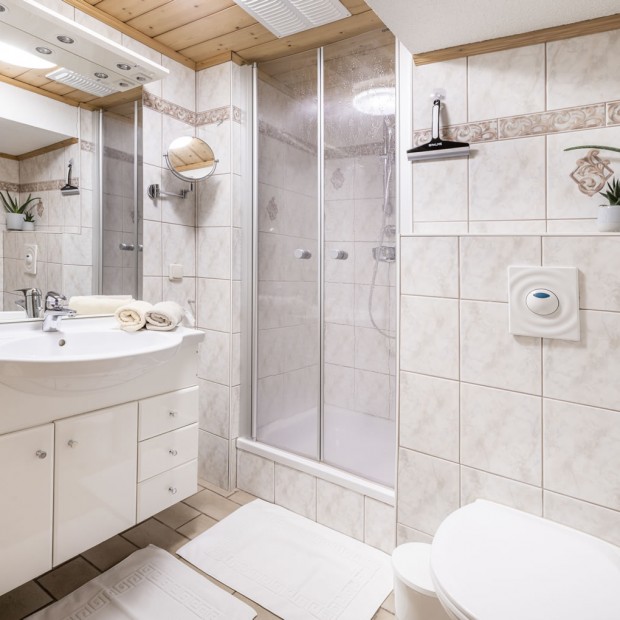Helles Badezimmer mit Dusche/WC und Waschbecken